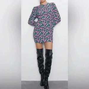 Zara Womens Mini Dress Rose Print Floral Green Black Pink Long Sleeve Small